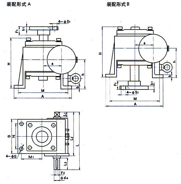 WJ63、WJ80、WJ100、WJ125、WJ160、WJ200型蝸輪絲杠升降機(jī)外形安裝尺寸