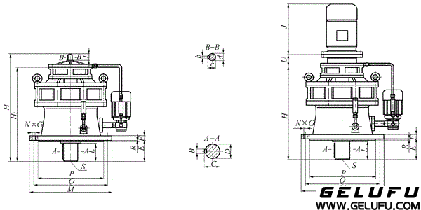 BLE、BLED（上海變速機械廠標(biāo)準(zhǔn)）行星擺線針輪減速機外形及安裝尺寸 