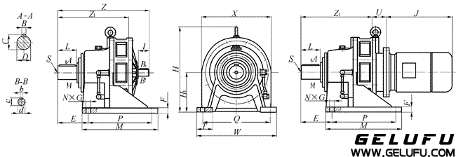BW12、BWD12、BW15、BWD15、BW18、BWD18、BW22、BWD22、BW27、BWD27、BW33、BWD33、BW39、WD39、BW45、BWD45、BW55、BWD55上海變速機(jī)械廠標(biāo)準(zhǔn)行星擺線針輪減速機(jī)外形及安裝尺寸