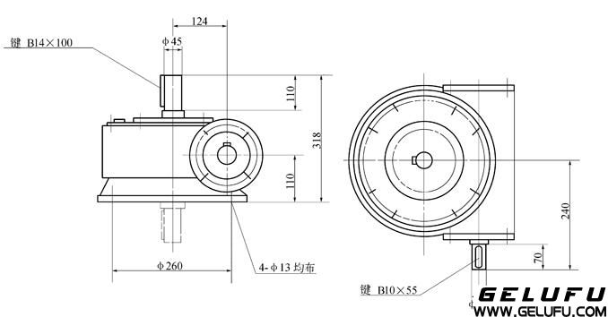 QT16A-7型塔機(jī)用蝸輪減速機(jī)外形及安裝尺寸