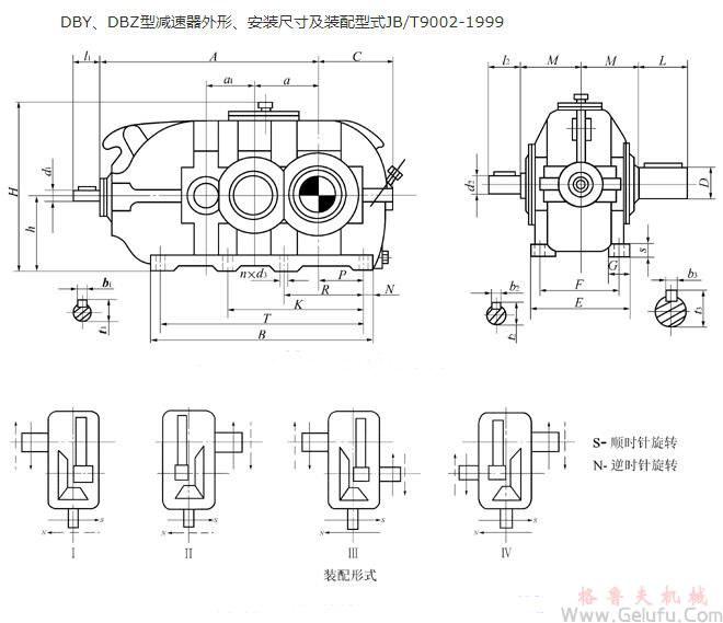 DBY160、DBZ160、DBY180、DBZ180、DBY200、DBZ200、DBY224、DBZ224、DBY250、DBZ250、DBY280、DBZ280、DBY315、DBZ315、DBY355、DBZ355、DBY400、DBZ400、DBY450、DBZ450、DBY500、DBZ500、DBY560、DBZ560減速機外形、安裝尺寸及裝配型式JB/T9002-1999