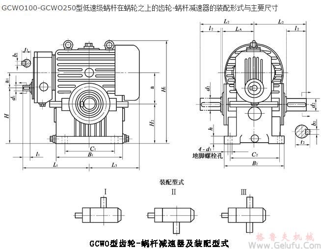 GCWO100-GCWO250型低速級蝸桿在蝸輪之上的齒輪-蝸桿減速機(jī)的裝配形式與主要尺寸（JB/T7008-1993）