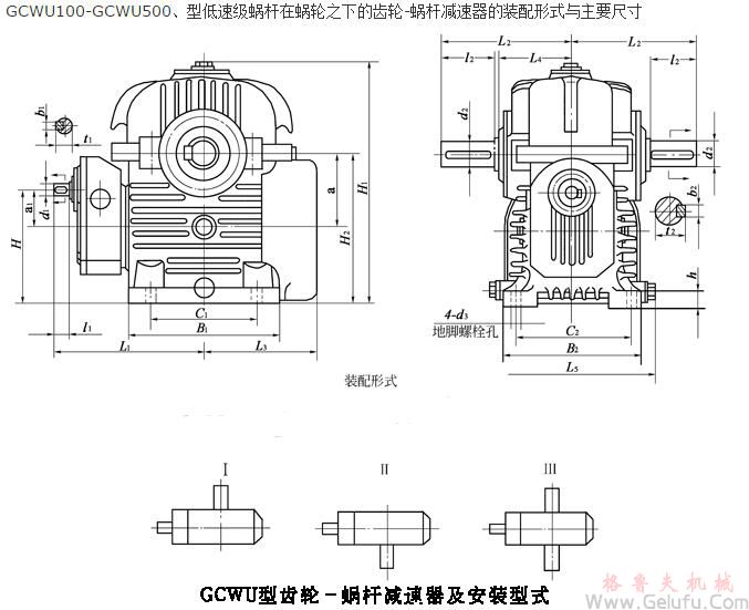 GCWU100-GCWU500、型低速級蝸桿在蝸輪之下的齒輪-蝸桿減速機的裝配形式與主要尺寸（JB/T7008-1993）