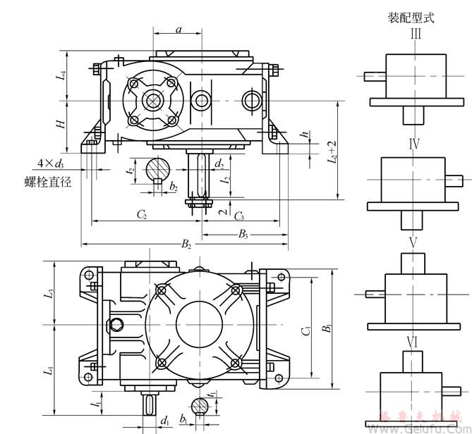 KWS32、KWS40、KWS50、KWS63、KWS80、KWS100、型錐麵包絡(luò)圓柱蝸桿減速機(jī)的外形安裝尺寸和裝配型式Ⅲ—ⅥJB/T 5559－91