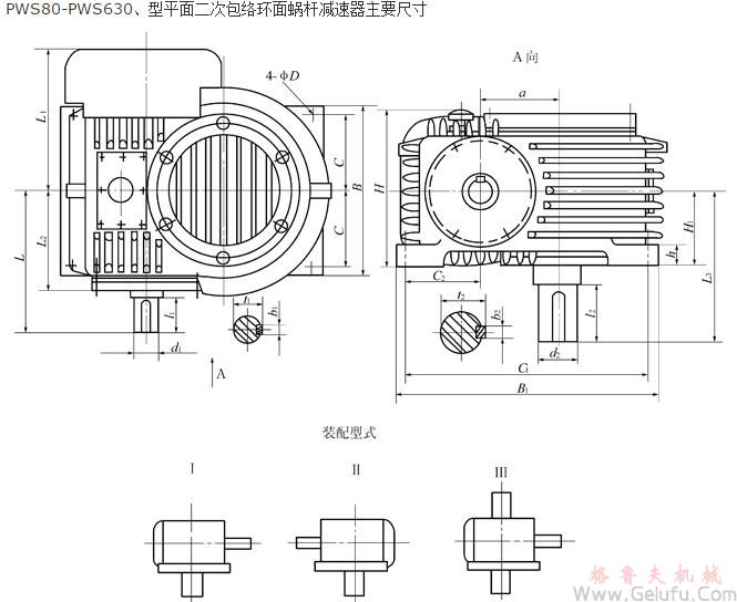 PWS80、PWS100、PWS125、PWS140、PWS160、PWS180、PWS200、PWS225、PWS250、PWS280、PWS315、PWS355、PWS400、PWS450、PWS500、PWS560、PWS630、型平面二次包絡(luò)環(huán)面蝸桿減速機(jī)主要尺寸（GB/T16449-1996）