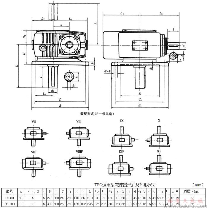 TPG80、TPG100、通用型減速機(jī)形式及外形尺寸（Ⅶ—Ⅹ）