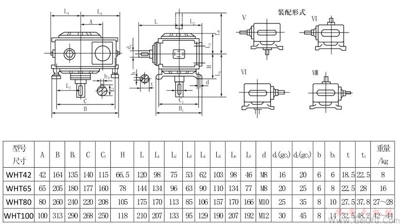 WHT42、WHT65、WHT80、WHT100型圓弧圓柱蝸桿減速機(jī)Ⅴ—Ⅷ式安裝型式及尺寸JB2318—79