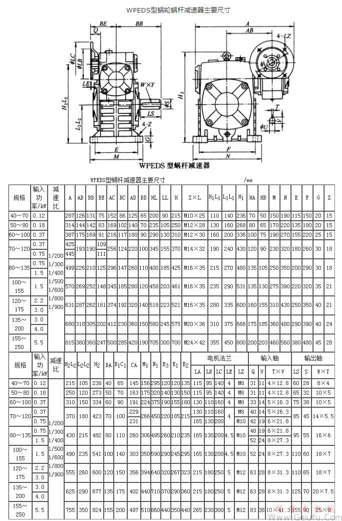 WPEDS型蝸輪蝸桿減速機(jī)主要尺寸