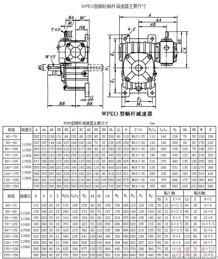 WPEO型蝸輪蝸桿減速機(jī)主要尺寸