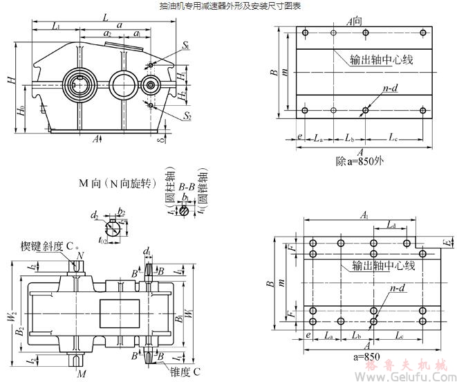 抽油機專用減速機外形及安裝尺寸圖表