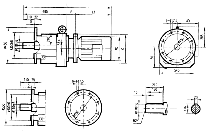 GRF167系列斜齒輪減速電機安裝結(jié)構(gòu)尺寸