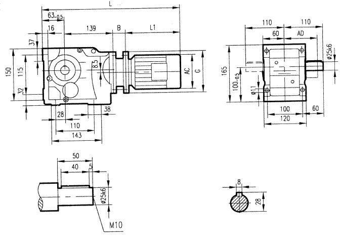 GK37型斜齒輪弧齒錐齒輪減速電機安裝結構圖尺寸