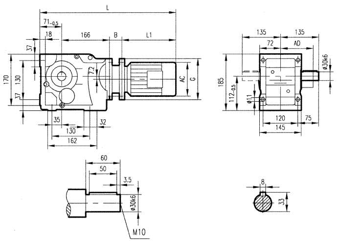 GK47型斜齒輪弧齒錐齒輪減速電機(jī)安裝結(jié)構(gòu)圖尺寸