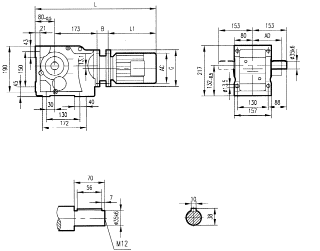 GK57型斜齒輪弧齒錐齒輪減速電機安裝結(jié)構(gòu)圖尺寸