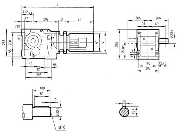 GK77型斜齒輪弧齒錐齒輪減速電機安裝結(jié)構(gòu)圖尺寸