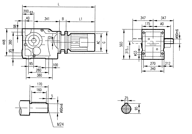 GK107型斜齒輪弧齒錐齒輪減速電機安裝結(jié)構(gòu)圖尺寸