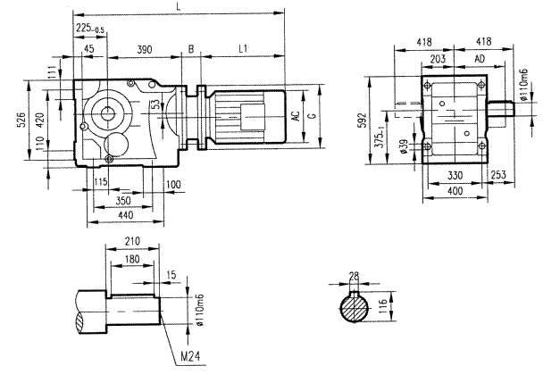 GK127型斜齒輪弧齒錐齒輪減速電機(jī)安裝結(jié)構(gòu)圖尺寸