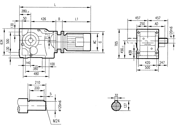 GK157型斜齒輪弧齒錐齒輪減速電機安裝結(jié)構(gòu)圖尺寸