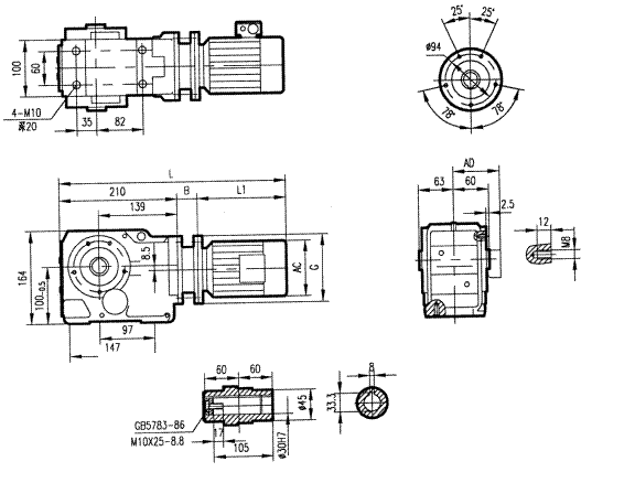 GKA37型斜齒輪弧齒錐齒輪減速電機(jī)安裝結(jié)構(gòu)圖尺寸