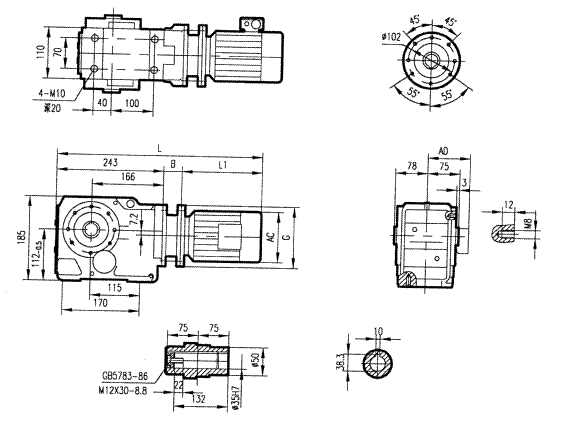 GKA47型斜齒輪弧齒錐齒輪減速電機(jī)安裝結(jié)構(gòu)圖尺寸