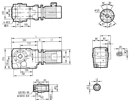 GKA57型斜齒輪弧齒錐齒輪減速電機(jī)安裝結(jié)構(gòu)圖尺寸