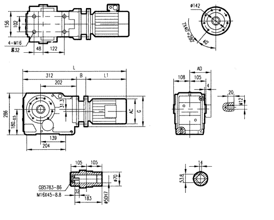 GKA77型斜齒輪弧齒錐齒輪減速電機(jī)安裝結(jié)構(gòu)圖尺寸