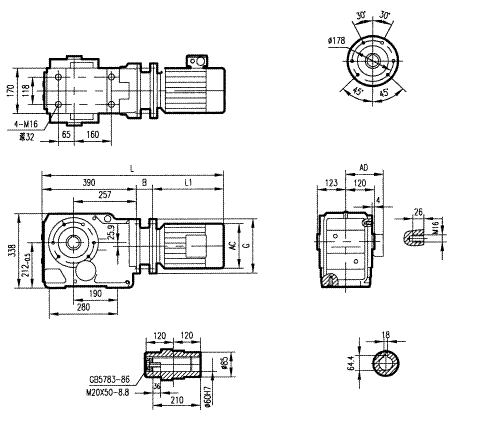 GKA87型斜齒輪弧齒錐齒輪減速電機安裝結構圖尺寸