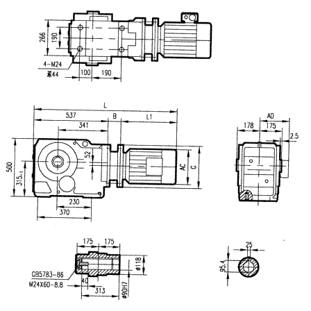 GK107型斜齒輪弧齒錐齒輪減速電機(jī)安裝結(jié)構(gòu)圖尺寸