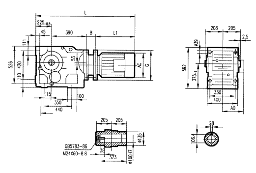 GKA127型斜齒輪弧齒錐齒輪減速電機安裝結(jié)構(gòu)圖尺寸