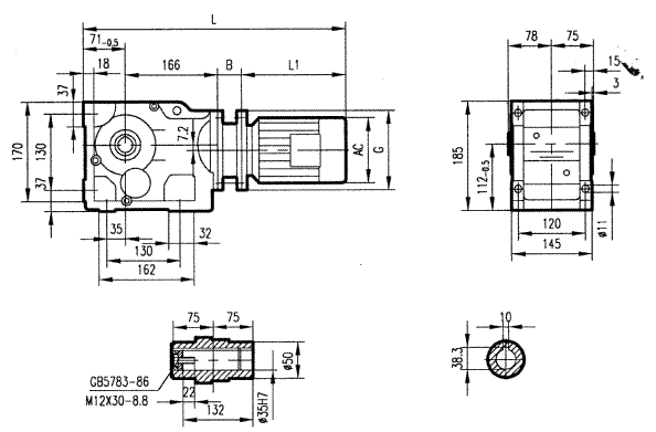 GKAB47型斜齒輪弧齒錐齒輪減速電機安裝結(jié)構(gòu)圖尺寸