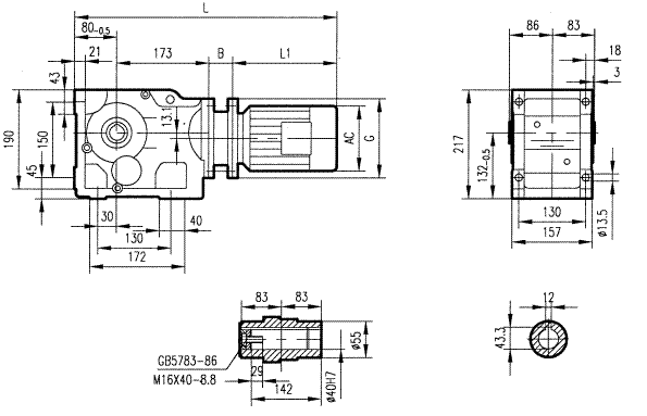 GKAB57型斜齒輪弧齒錐齒輪減速電機安裝結(jié)構(gòu)圖尺寸