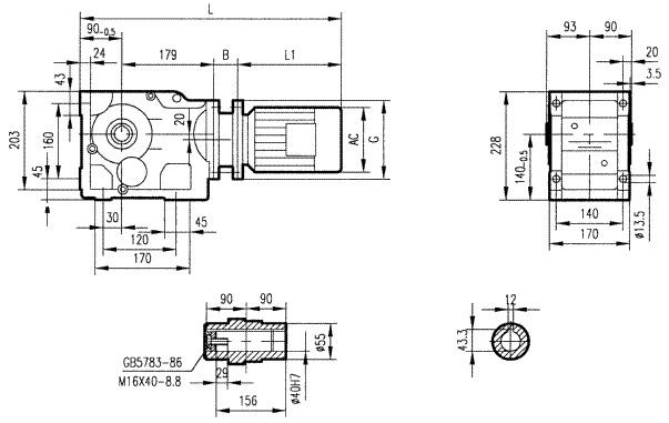 GKAB67型斜齒輪弧齒錐齒輪減速電機安裝結(jié)構(gòu)圖尺寸