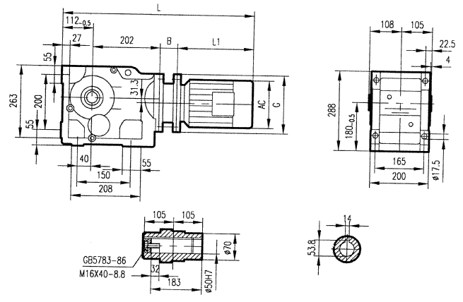 GKA77型斜齒輪弧齒錐齒輪減速電機安裝結(jié)構(gòu)圖尺寸