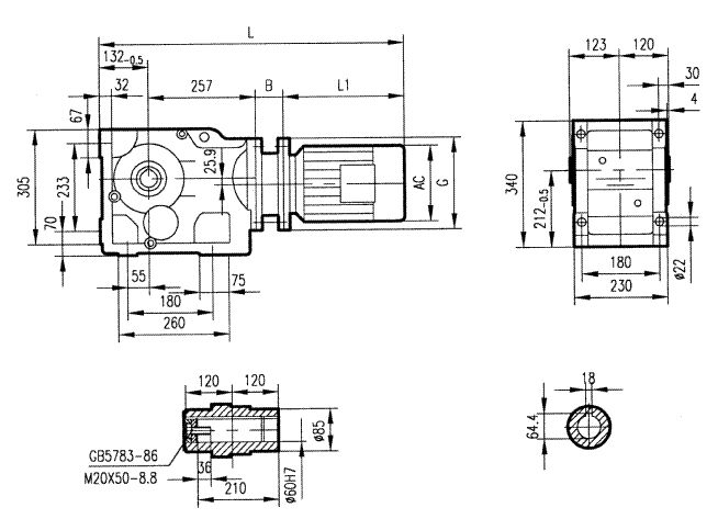 GKAB87型斜齒輪弧齒錐齒輪減速電機(jī)安裝結(jié)構(gòu)圖尺寸