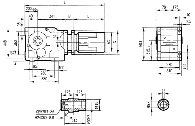 GKBA107型斜齒輪弧齒錐齒輪減速電機(jī)安裝結(jié)構(gòu)圖尺寸