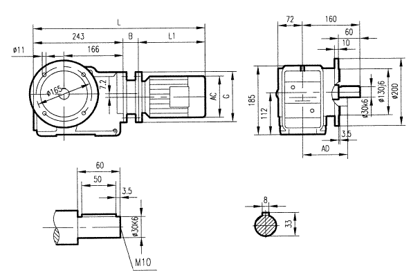 GKF47型斜齒輪弧齒錐齒輪減速電機(jī)安裝結(jié)構(gòu)圖尺寸