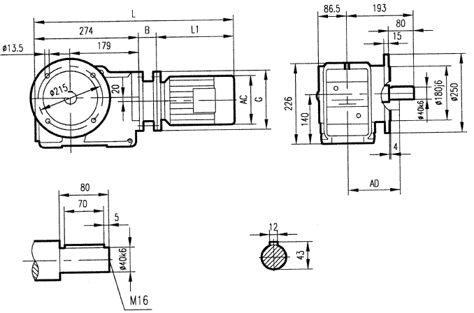 GKF67型斜齒輪弧齒錐齒輪減速電機安裝結(jié)構(gòu)圖尺寸