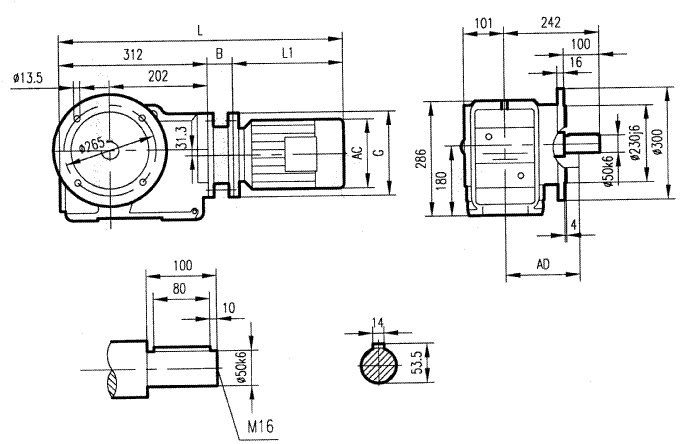 GKF77型斜齒輪弧齒錐齒輪減速電機(jī)安裝結(jié)構(gòu)圖尺寸