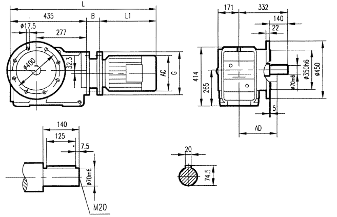 GKF97型斜齒輪弧齒錐齒輪減速電機(jī)安裝結(jié)構(gòu)圖尺寸