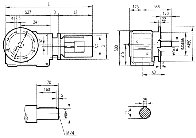 GKF107型斜齒輪弧齒錐齒輪減速電機(jī)安裝結(jié)構(gòu)圖尺寸