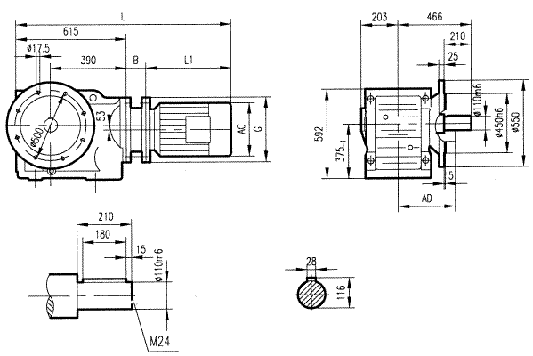 GK127型斜齒輪弧齒錐齒輪減速電機安裝結構圖尺寸