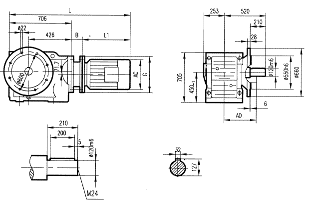 GK157型斜齒輪弧齒錐齒輪減速電機安裝結(jié)構(gòu)圖尺寸