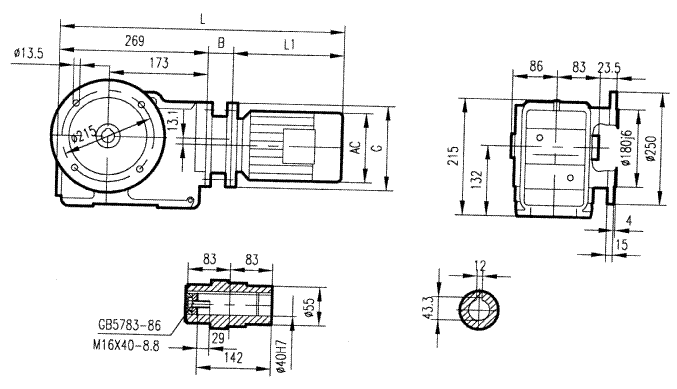 GKAF57型斜齒輪弧齒錐齒輪減速電機(jī)安裝結(jié)構(gòu)圖尺寸