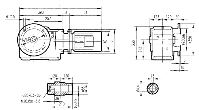 GKAF87型斜齒輪弧齒錐齒輪減速電機(jī)安裝結(jié)構(gòu)圖尺寸