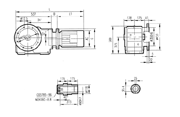 GKAF107型斜齒輪弧齒錐齒輪減速電機安裝結(jié)構(gòu)圖尺寸